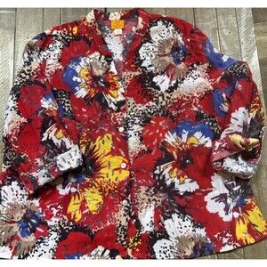 Ruby Rd Top Red Floral Semi Sheer V Neck Tab Sleeve Womens Plus Size 24 Slit